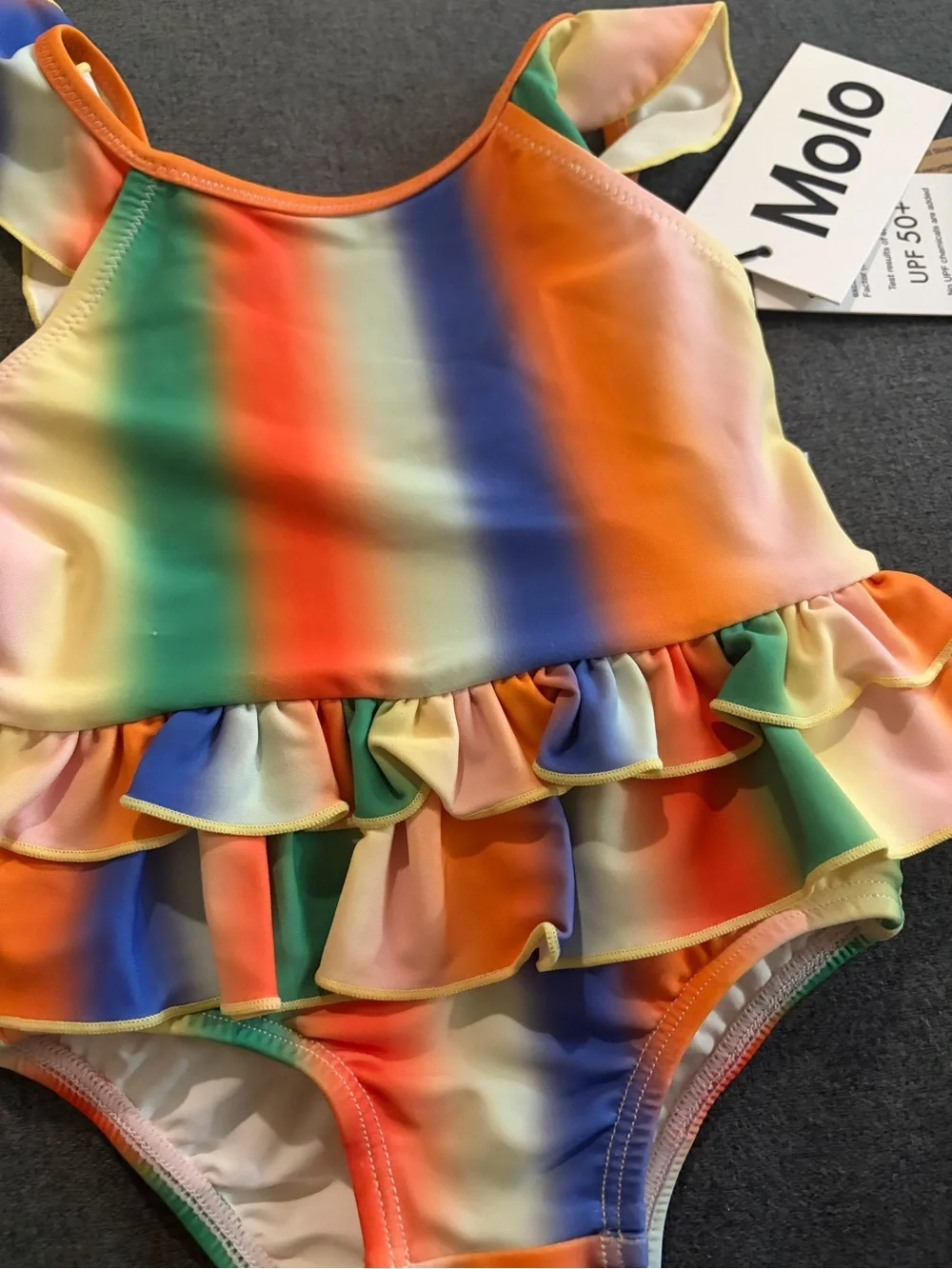 Molo Rainbow Stripe Ruffle One-Piece Swimsuit - Orange, Green, Blue, Pink